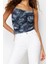 Moda Degaje Yaka Örme Slim Soyut Desen Casual Günlük Crop Askılı Kol Bluz 1