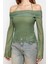 Moda Carmen Yaka Örme Regular Düz Desen Casual Günlük Crop Uzun Kol Bluz 1