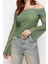Moda Carmen Yaka Örme Regular Düz Desen Casual Günlük Crop Uzun Kol Bluz 3