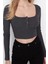 Moda Kare Yaka Örme Slim Düz Desen Casual Günlük Crop Uzun Kol Bluz 1