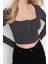 Moda Kare Yaka Örme Slim Düz Desen Casual Günlük Crop Uzun Kol Bluz 2