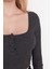 Moda Kare Yaka Örme Slim Düz Desen Casual Günlük Crop Uzun Kol Bluz 4