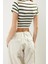 Moda Bisiklet Yaka Örme Slim Çizgili Desen Casual Günlük Crop Kısa Kol Bluz 5