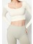 Moda Kare Yaka Örme Fit Düz Desen Sportswear Crop Uzun Kol Bluz 3