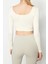Moda Kare Yaka Örme Fit Düz Desen Sportswear Crop Uzun Kol Bluz 4