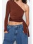 Moda Asimetrik Yaka Örme Slim Düz Desen Casual Günlük Crop Uzun Kol Bluz 1