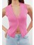 Moda V Yaka Triko Slim Düz Desen Casual Günlük Crop Kolsuz Bluz 1