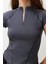 Moda Fermuarlı Yaka Örme Slim Düz Desen Casual Günlük Crop Kısa Kol Bluz 2