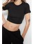 Moda Bisiklet Yaka Örme Slim Çizgili Desen Casual Günlük Crop Kısa Kol Bluz 4