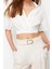 Moda V Yaka Dokuma Regular Düz Desen Casual Günlük Crop Kısa Kol Bluz 2