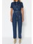 Kadın Moda Standart Kol Boru Paça Ceket Yaka Düz Desen Uzun Kemerli Denim Tulum 1
