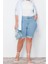 Büyük Beden Moda Denim Yüksek Bel Dar Paça Gündelik Açık Mavi Kemerli Esnek Skinny Denim Şort 2