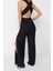 Kadın Moda Standart Kol Geniş Paça V Yaka Düz Desen Uzun Siyah Kuşaklı Dokuma Tulum 5