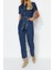 Kadın Moda Standart Kol Boru Paça Ceket Yaka Düz Desen Uzun Kemerli Denim Tulum 2
