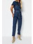 Kadın Moda Standart Kol Boru Paça Ceket Yaka Düz Desen Uzun Kemerli Denim Tulum 4