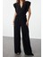 Kadın Moda Standart Kol Geniş Paça Kruvaze Düz Desen Regular V Yaka Kuşaklı Örme Tulum 2