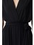 Kadın Moda Standart Kol Geniş Paça Kruvaze Düz Desen Regular V Yaka Kuşaklı Örme Tulum 4