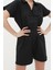 Kadın Moda Standart Kol Geniş Paça Gömlek Yaka Kısa Beli Lastikli Geniş Paça Mini Dokuma Tulum 1