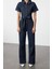 Kadın Moda Standart Kol Geniş Paça Gömlek Yaka Düz Desen Uzun Kuşaklı Denim Tulum 1