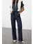 Kadın Moda Standart Kol Geniş Paça Gömlek Yaka Düz Desen Uzun Kuşaklı Denim Tulum 2