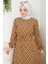 Baklava Desen Beli Bağcıklı Viskon Elbise Camel HM2475 5