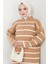 Fermuarlı Çizgili Triko Elbise Camel HM2528 3
