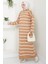 Fermuarlı Çizgili Triko Elbise Camel HM2528 4