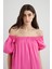 Çizgili Şerit Detaylı Kayık Yaka Pembe Poplin Elbise 3