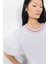 Kırmızı Dikiş Detaylı Fırfır Kollu Yakası Işlemeli Ribana Yaka Beyaz Tshirt 2