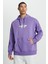 Loose Fit Rahat Kesim Kapüşonlu İçi Polarlı Sırt Baskılı Mor Sweatshirt 1