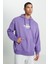 Loose Fit Rahat Kesim Kapüşonlu İçi Polarlı Sırt Baskılı Mor Sweatshirt 3