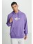 Loose Fit Rahat Kesim Kapüşonlu İçi Polarlı Sırt Baskılı Mor Sweatshirt 4