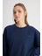 Relaxed Fit Geniş Kesim Bisiklet Yaka %100 Pamuk Lacivert Sweatshirt 2