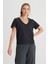 Regular Fit Normal Kesim V Yaka %100 Pamuk Siyah Tişört 1