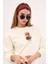 Bisiklet Yaka Içi Polar Teddy Bear Retro Fashion Baskılı Beyaz Unisex Sweatshirt 1