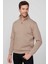 Unisex Relax Fit Rahat Kesim Pamuklu Içi Polarlı Yarım Fermuarlı Taş Renk Dik Yaka Sweatshirt 1