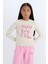 Kız Çocuk Cropped Fit Bisiklet Yaka Baskılı Fitilli Kaşkorse Uzun Kollu Tişört D3430A824WN 3