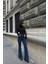Trend Yüksek Bel Baggy Palazzo Ispanyol Paça Pantalon Koyu Mavi 3