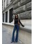 Trend Yüksek Bel Baggy Palazzo Ispanyol Paça Pantalon Koyu Mavi 4