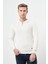 Beyaz Uzun Kol Kendinden Desenli Örme Polo Yaka Classic Comfort Fit Triko 1012245156 2