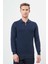 Indigo Mavi Uzun Kol Kendinden Desenli Örme Polo Yaka Classic Comfort Fit Triko 1012245156 3