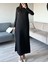 Kadın Siyah Oys Premium Pamuklu Kumaş Yanları Cepli Oversize Bol Kesim Uzun Maxi Bilek Boy Elbise 3