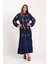 Lacivert Önü ve Kolları Otantik Nakışlı Eteği Kat Kat Uzun Elbise 3