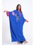 Saks Mavi Kuş Çiçek Nakışlı Yarasa Kol Oversize Uzun Elbise 4