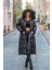 Siyah Kapüşonu Kürklü kolları Kürklü Büyük Beden Uzun Şişme Kaban 4