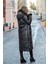 Siyah Kapüşonu Kürklü kolları Kürklü Büyük Beden Uzun Şişme Kaban 5