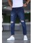 Erkek Boyfiend Yırtıklı Lacivert Kot Pantolon 1