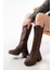 Kahverengi Yüksek Tabanlı Bağcıklı Fermuarlı Günlük Kadın Çizme 2