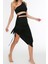 Kadın Moda Şık Dar Paça Regular Boy Vücuda Oturan Örme Cut Out Pencere Tek Omuz Bluz Etek Takım 3