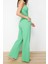 Kadın Moda Şık Regular Uzun Boy Uzun Kollu Yeşil Dokuma Bluz Pantolon Takım 2